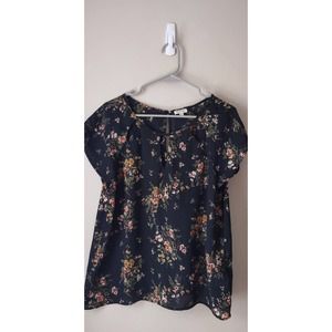 Lily White Women's Blouse Black Floral S/S Size XL Round Cut out Neck line